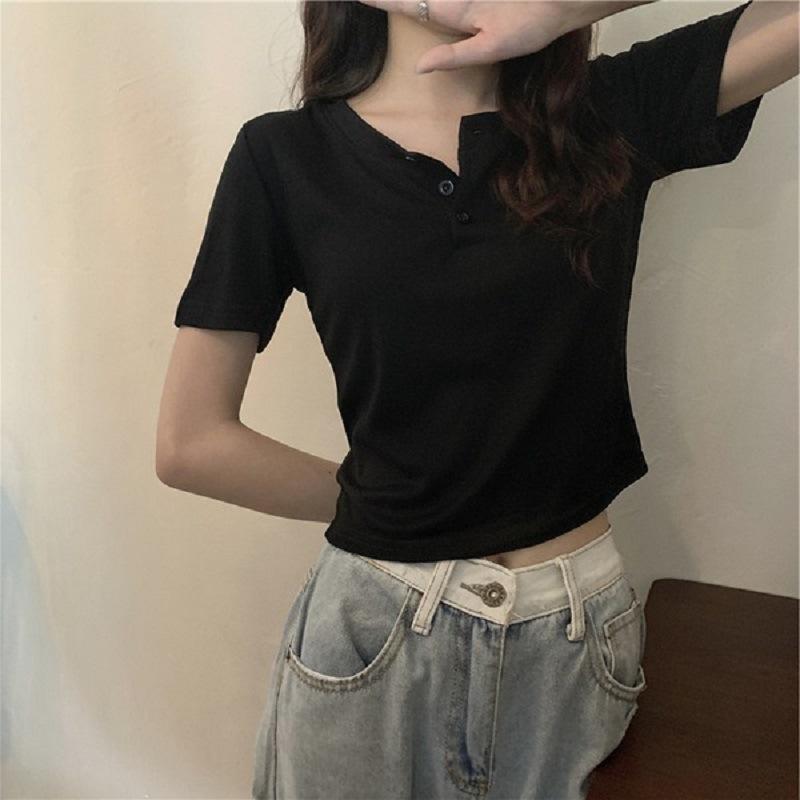 

Cotton-containing Solid Color Short Base Shirt for Women s Summer Korean Women s Casual Short-sleeved T-shirt Women s Buttoned Top L чёрный