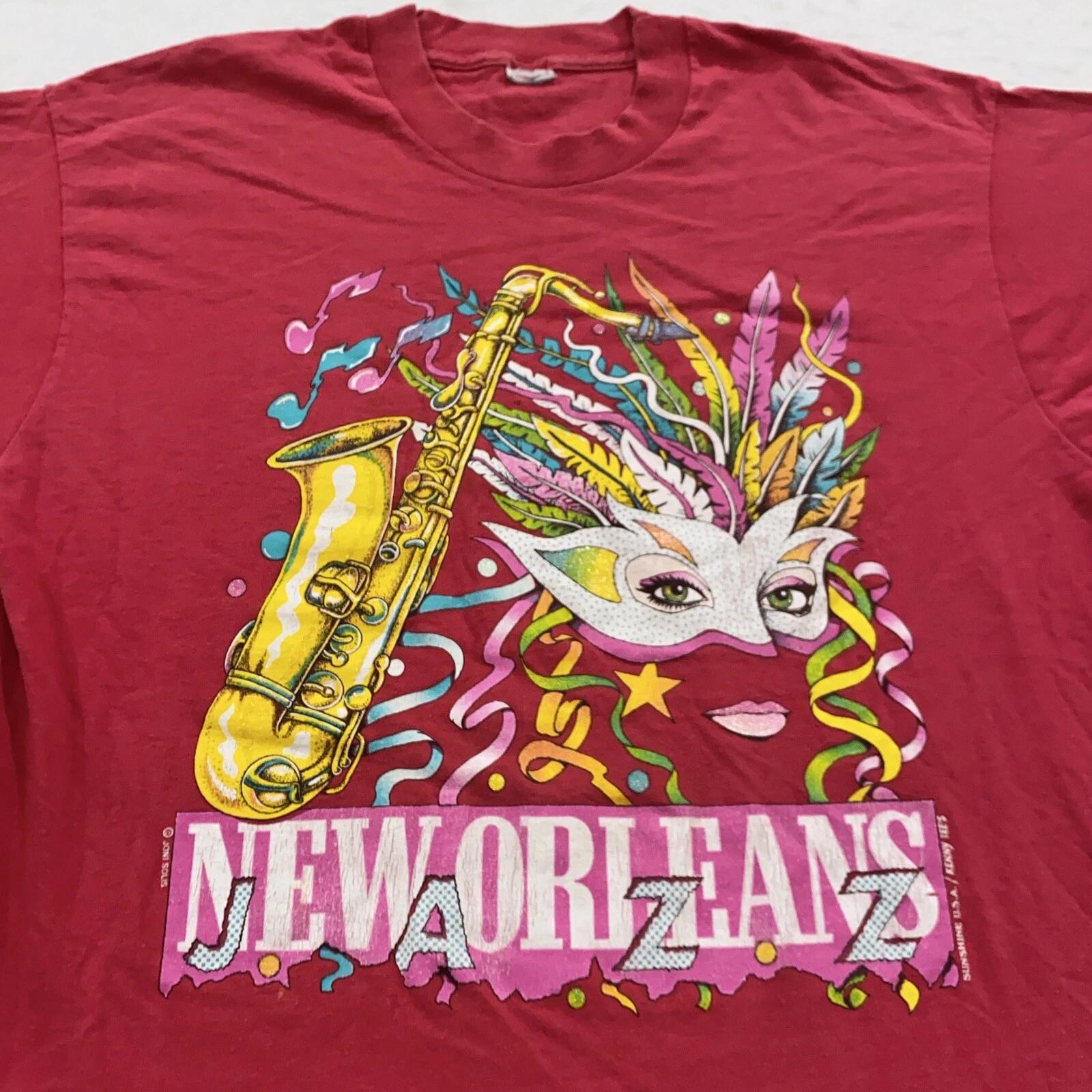 

vintage 90s NEW ORLEANS JAZZ T-Shirt MEDIUM/LARGE mardi gras saxophone soft thin XL