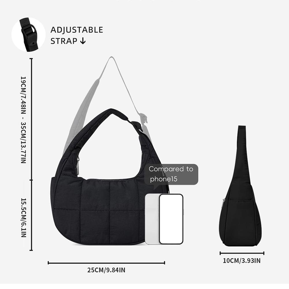 Puffer Crescent Bag for Women Quilted Shoulder Bag Nylon Adjustable Strap Shoulder Purse with Zipper Hobo Bag for Work Travel