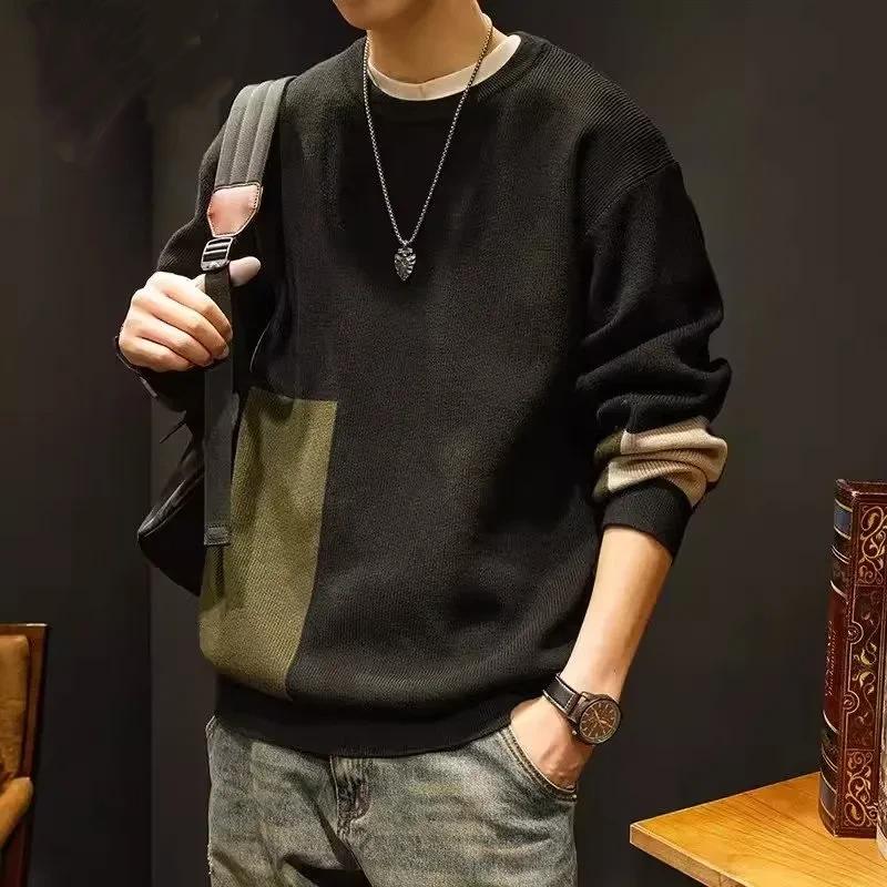 Men's Loose Crew Neck Thickened Color Block Patchwork Trendy Warm Outerwear Knit Sweater Autumn Winter New Style