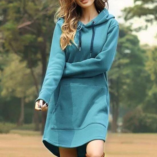 Plus Size Women Casual Long Sleeve Pocket Drawstring Loose Hoodie Mini Dress