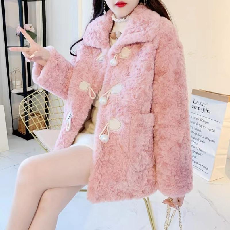 Autumn Winter New Thickened Warm Cashmere Short Coat Korean Style Casual Loose Solid Color Coat with Horns Buckle