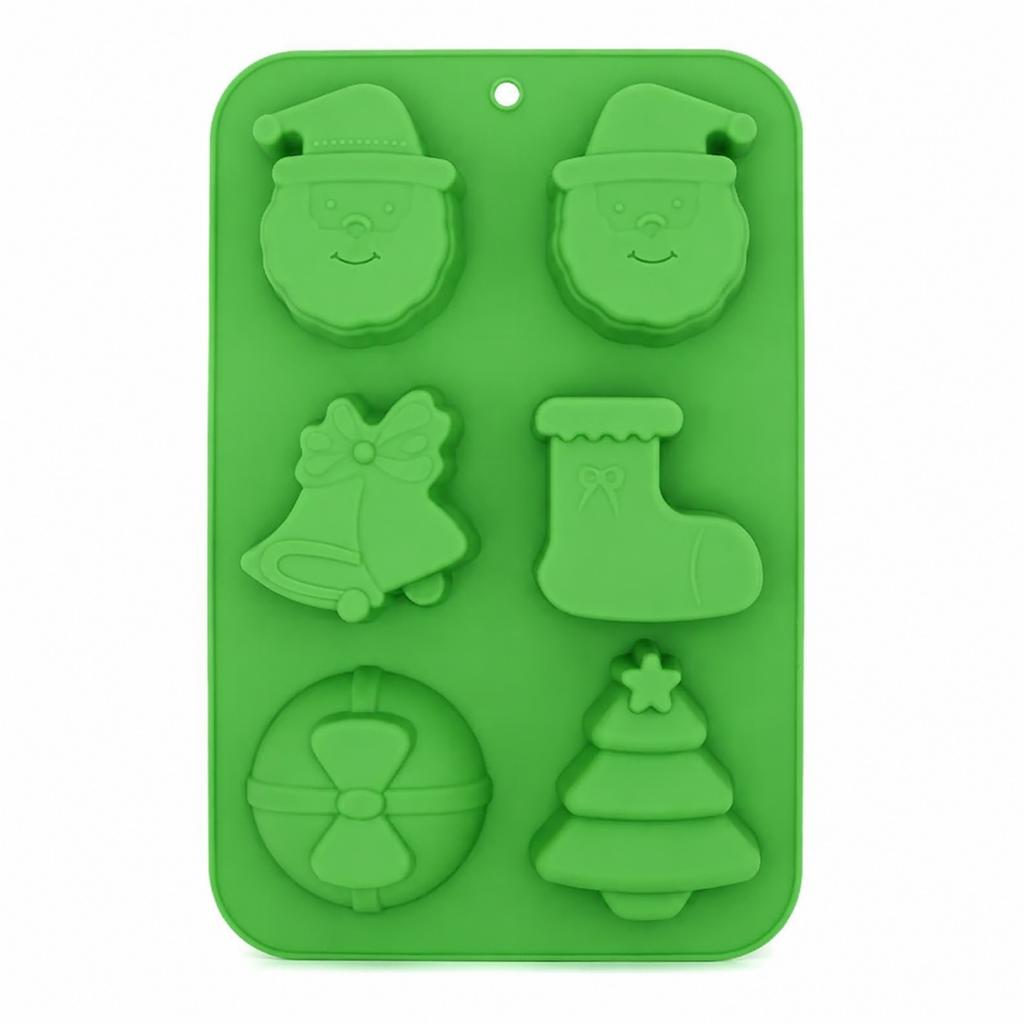 Silicone Mold Green Christmas 6-Cavity Santa Tree Stocking Bell Ball for DIY Cake Mousse Baking Holiday Desserts