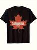 Mens Retro Cotton Tshirt  Red Maple Leaf and Cornwall Ontario Pattern Printed Casual Canadian Costume Patriotic Style