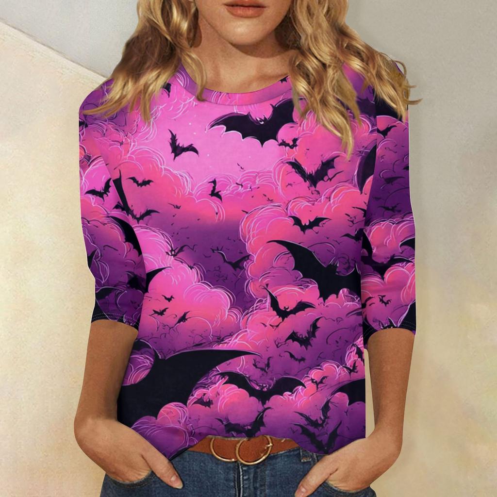 Women's Fashion Casual Three-quarter Sleeve Halloween Printed Round Neck Top