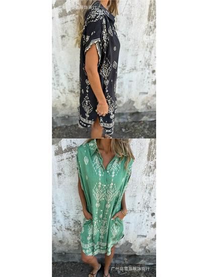 European & American Summer Casual Short-Sleeved Cotton Linen Shirt Dress with Pocket Print for Women