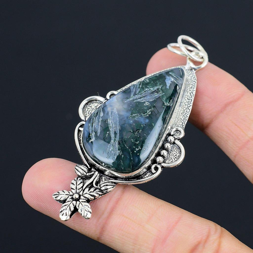 Gift For Women Pendant Flower 925 Silver Natural Carved Solar Moss Agate