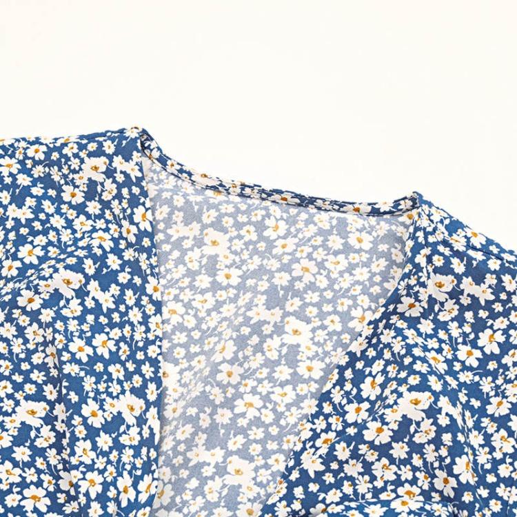 Summer Women Floral Print High Waist Dress with Bow Detail V Neck Short Sleeve