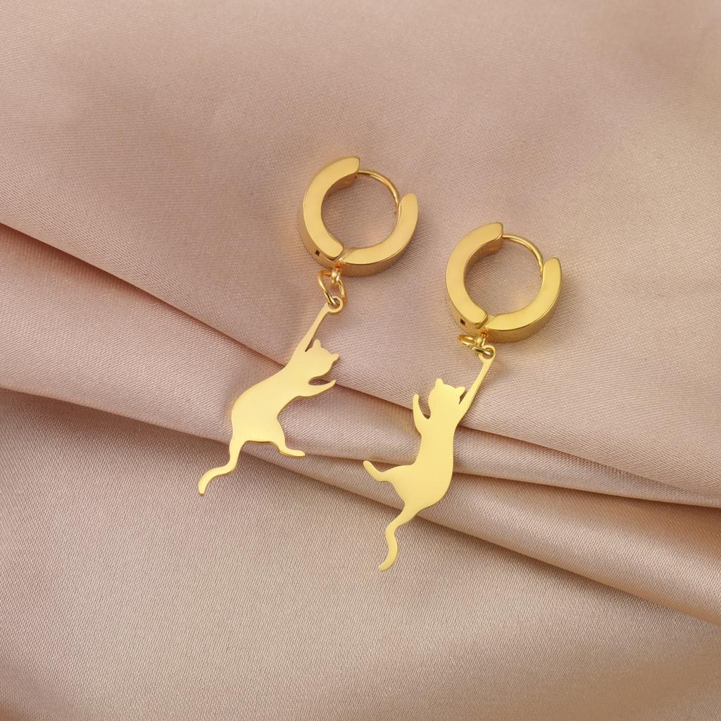 Jumping Cat Swinging Earrings Women's Stainless Steel Long tassel Earrings Fashion Earrings Cute Animal Jewelry Gifts