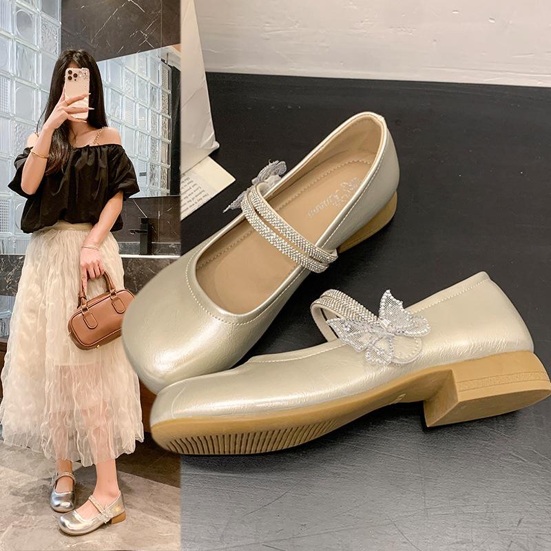 Butterfly decoration French Mary Jane shoes women's new evening breeze low-heeled single shoes women's skirt Doudou women's shoes