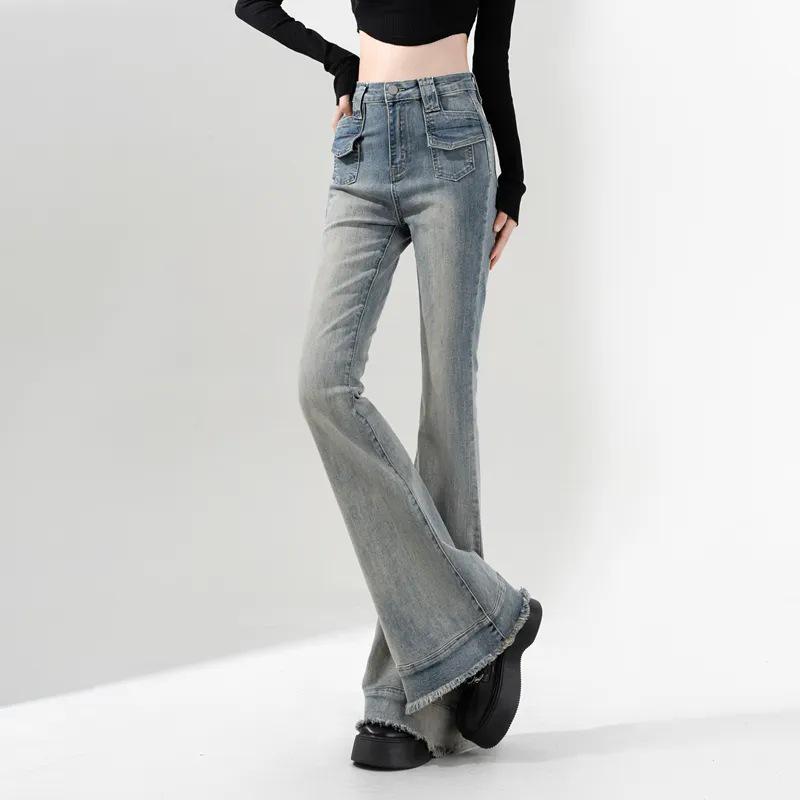 Spring Women’s Frayed Stretch Flare Jeans - Slimming Floor-Sweeping Micro-Flare Pants