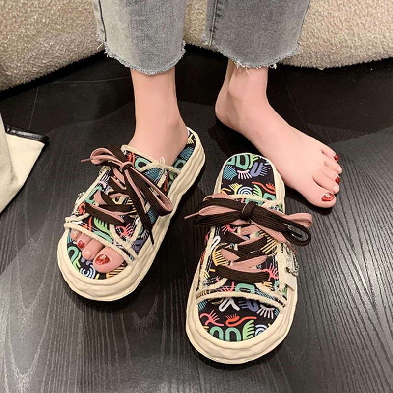 Women's Slippers and Ladies Sandals Height Platform Slides With Strap Canvas Graffiti Waterproof Designer Luxury H Sandal Shoes