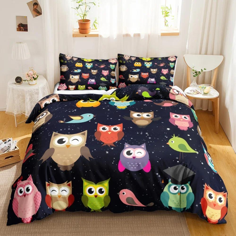 Cartoon Uil Beddengoed Set 3D Dierenprint Dekbedovertrek Vogel Dier Dekbedovertrek Kingsize Nachtzwaluw Zachte Polyester Quilt Overtrek
