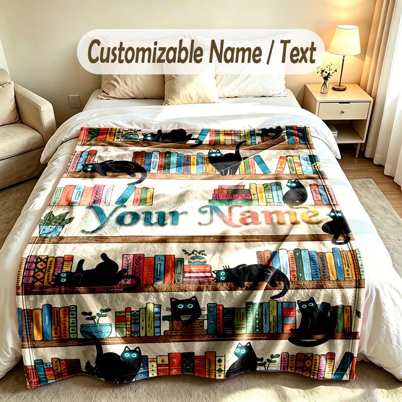 Cat Theme Soft Blanket Personalized Custom Name Text Print Warm Blanket Home Sofa Bedroom Decor