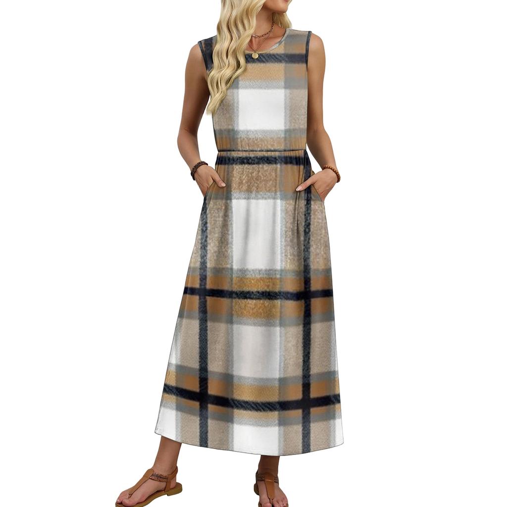 Ladies' Plaid Printed Casual and Fashionable Waist Cinched Sleeveless Dress