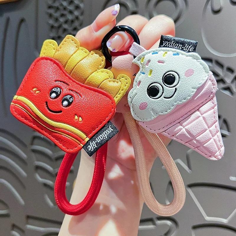 Creative Cartoon Leather Snacks Keychain Cute French Fries Coffee Ice Cream Keyring For Men Women Car Bag Pendant Jewelry Gift
