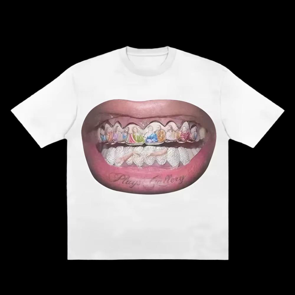 Labbra Chic Denti Dorati Vintage T-shirt Rock Goth Casual Estiva Manica Corta High Street Oversize T-shirt Harajuku Stampa Grafica