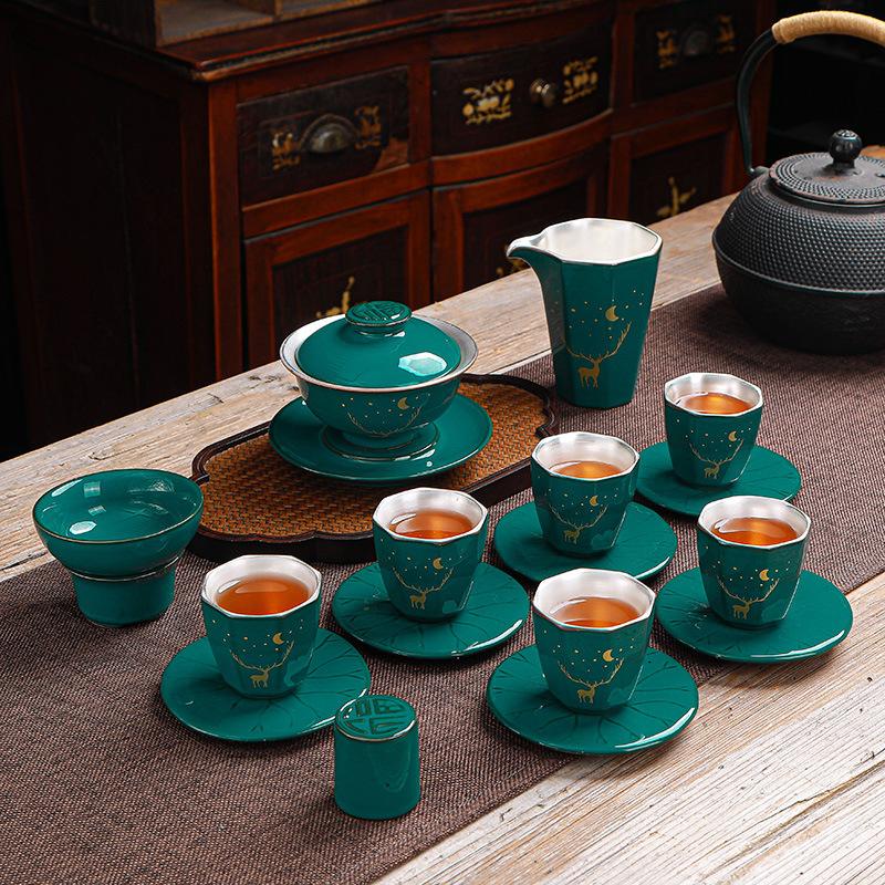 999Pure Silver Tea Set Ceramic Kung Fu Tea Set Tasting Cup Handmade Silver-Plated Tea Bowl Live Streaming Gift