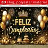 2D Spanish Happy Birthday Backdrop, Black Gold Balloon & Crown Banner, Fiesta Party Decor
