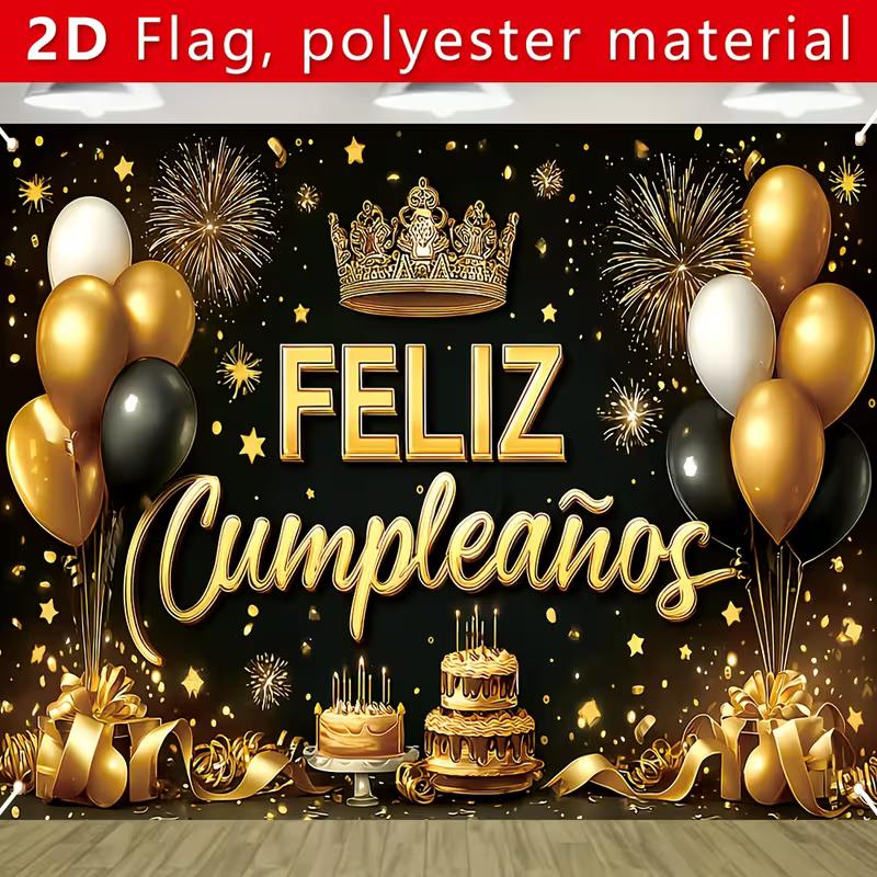 2D Spanish Happy Birthday Backdrop, Black Gold Balloon & Crown Banner, Fiesta Party Decor