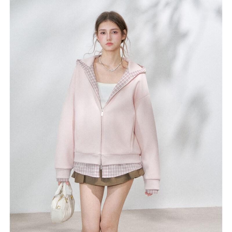 ICH MODE Women's Colorblock Loose Hooded Sweatshirt Jacket