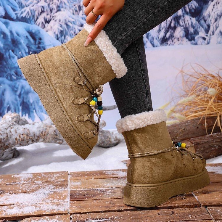 Niche design sense straps snow boots women's thick-soled non-slip velvet thermal lace-up cotton shoes 2025 autumn and winter new