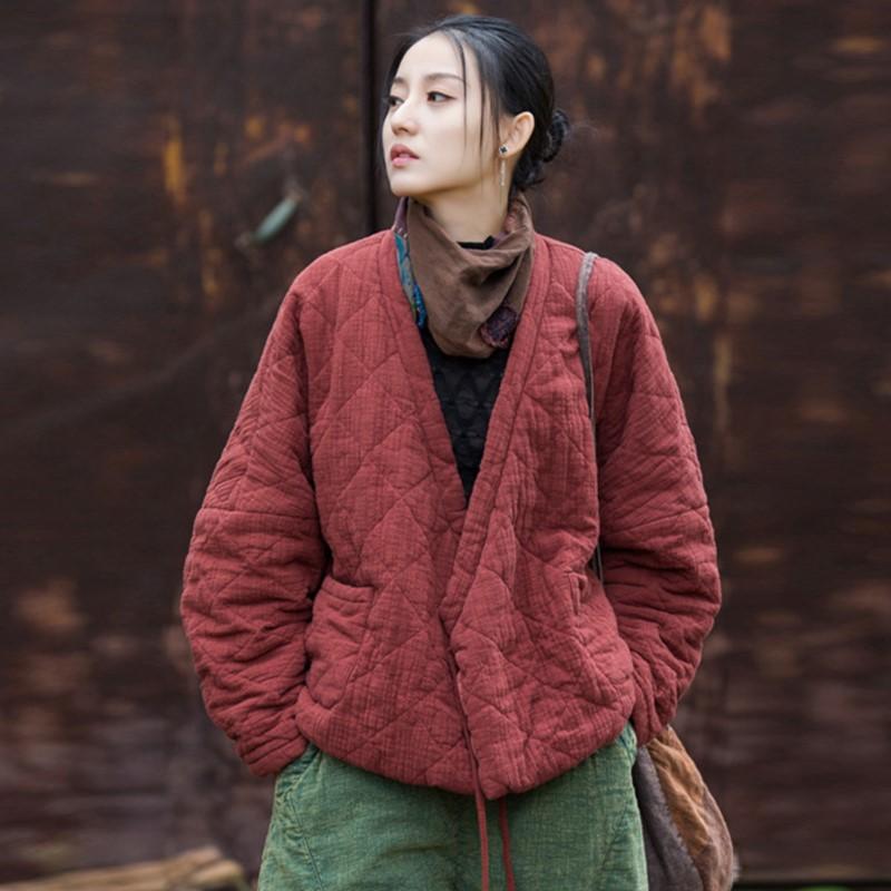 Johnature Winter Chinese Style Women Bandage Long Sleeve Loose Pockets Vintage Coats