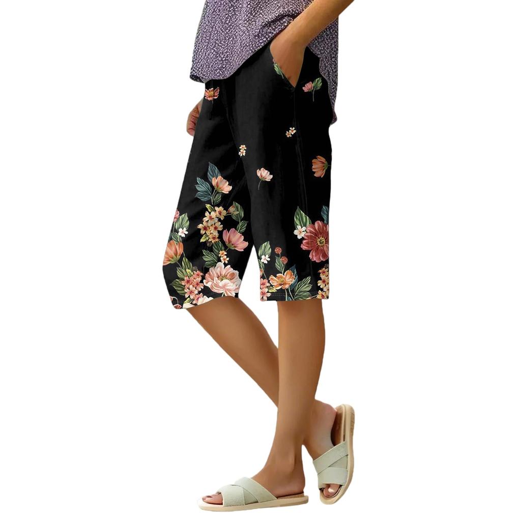Women's Summer Fashion Retro Floral Polka Dot Print Knee Length Lightweight Elastic Waist Casual Pocket Shorts