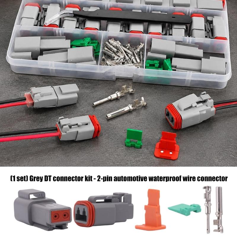Latching Automotive Wire Coupler Kit with Separate Contact Retainers, 2-Pin Housings, and Copper-Finished Pin for Removable 12 V Vehicle Wiring