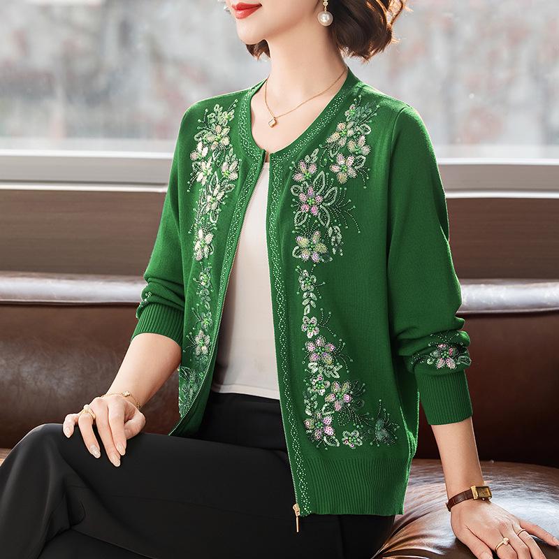 Cardigan Pesante Autunno/Inverno da Donna con Ricamo di Fiori Farfalla & Perline a Mano