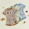 2Pcs Toddler Baby Boys Summer Outfits Short Sleeve Striped Baseball/Golf/Rugby Embroidery Tops and Elastic Waist Shorts Sets