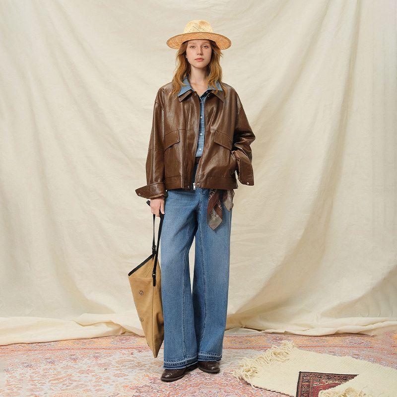 

Single bundle of Plus size [wandering poet] Retro cool wind Amber streamer leather Outwear autumn New arrival black jacket Caramel Brown US2