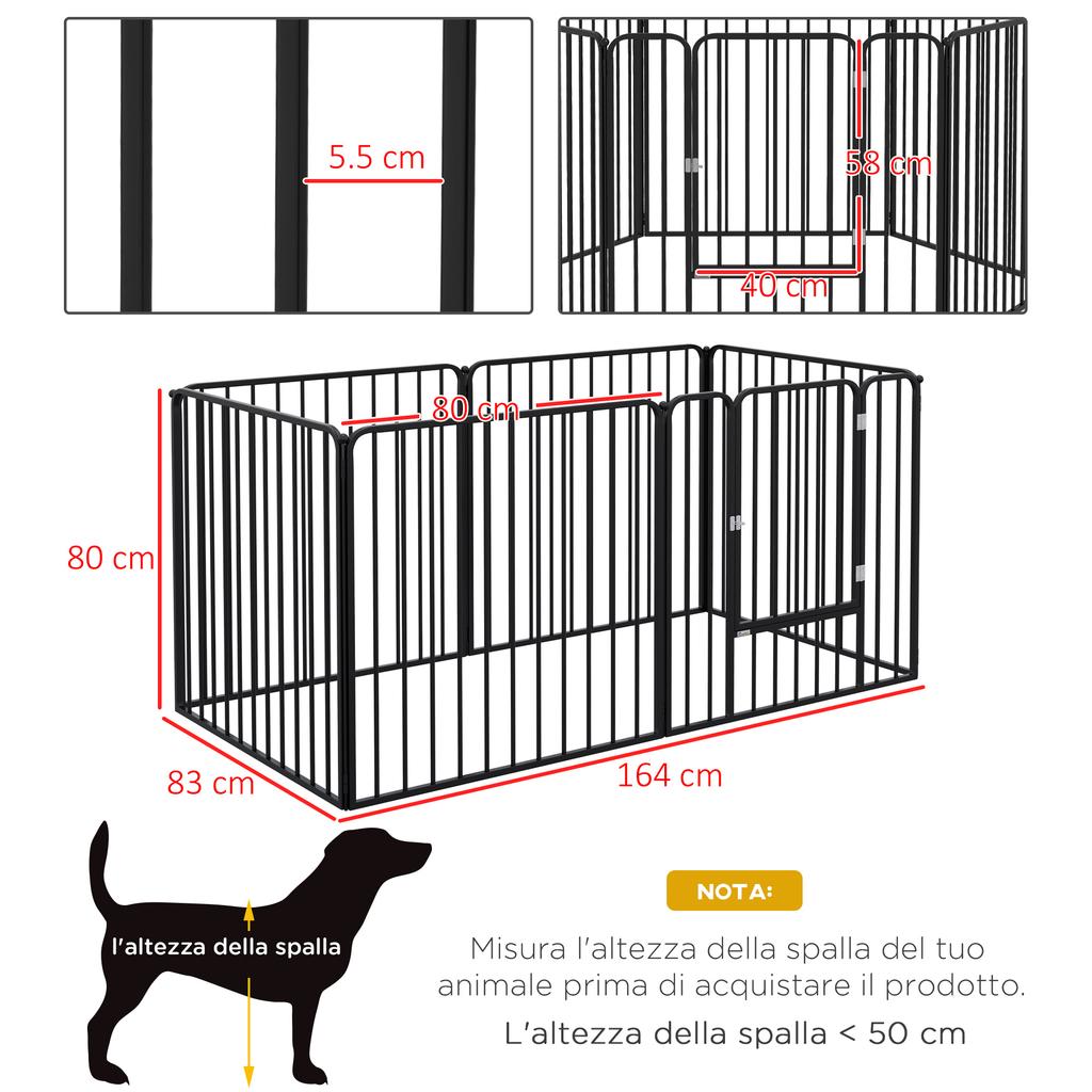 6-Panel Modular Dog Playpen for Indoor and Outdoor, In Steel, 164x83x80 Cm, Black