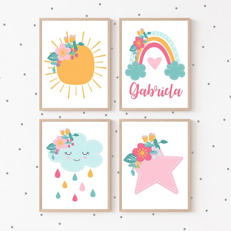 Cute Sun Rainbow Clouds Stars Flowers Nursery Wall Art Canvas Painting Cartoon Posters And Prints Pictures Baby Kids Room Decor