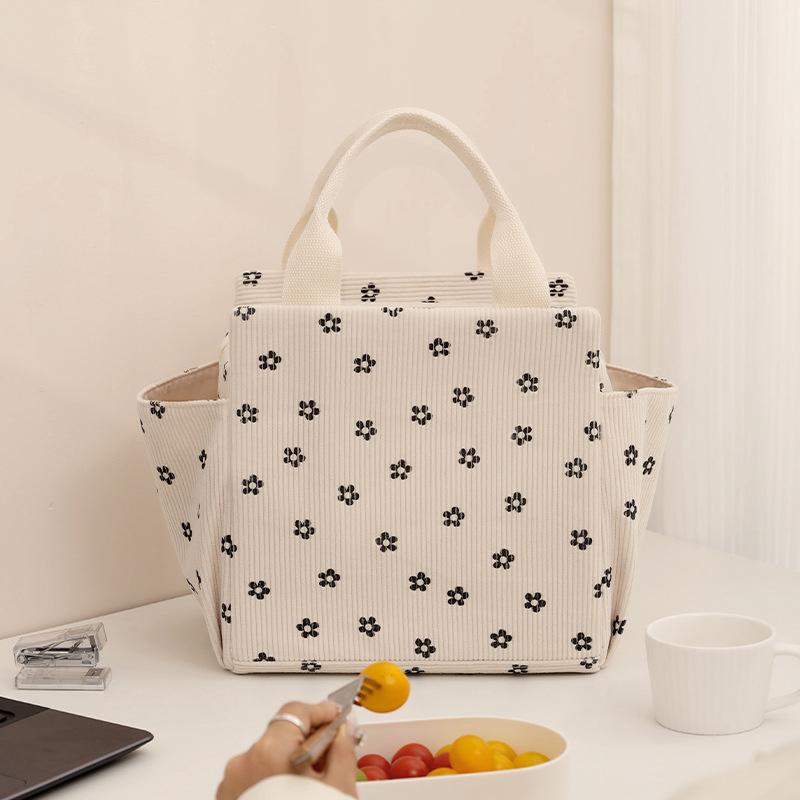 Corduroy Lunch Bag Thermal Insulation Lunch Box Storage Handbag Multifunctional Kids School Lunch Bag Picnic Food Pouch