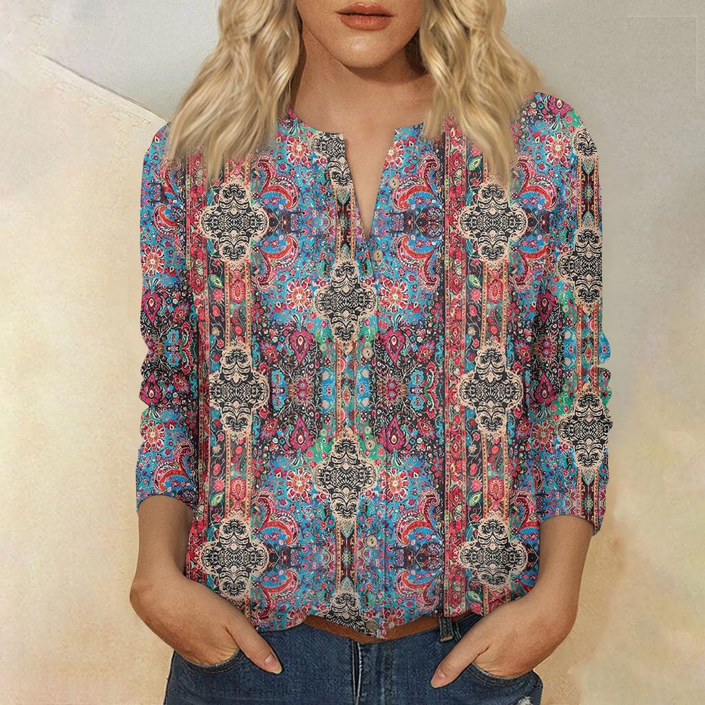 Camicia da Donna Vintage con Stampa Floreale Henley Collo a Bottoni Manica 3/4 in Misto Cotone Lino Top Casual Vestibilità Larga per l'Uso Quotidiano