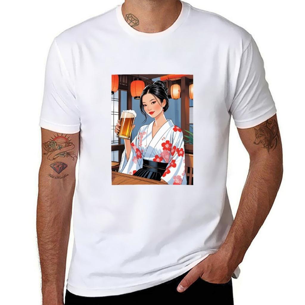 Modern Japanese Girl with Beer T-Shirt Man T Shirt Graphic T Shirts for Man Pack Cotton Anime T Shirts Oversize T-Shirt