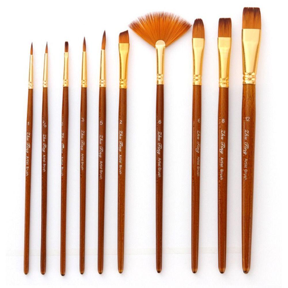 10Pcs/Set Round Flat Angle Artist Paint Brushes Set Wooden Pole Drawing Art Brush  Gift