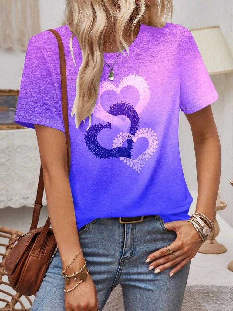 Fashion Heart Print Ombre Tee Fashionable Women's T-shirts Casual Round Neck Short Sleeve Tops Harajuku T-Shirt For Woman Summer