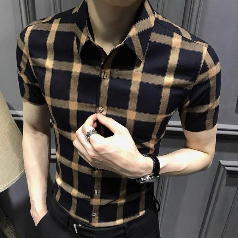 Summer Fashion Trend Casual Business Versatile Lapel Plaid Slim Short Sleeved Men's Single Breasted Shirt