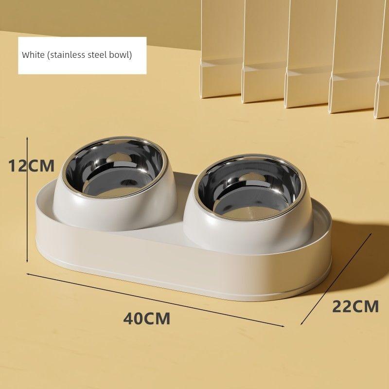 

Cat Bowl Cat Food Holder Ceramic Double Bowl Dog Bowl Dog Basin Protection Cervical Spine Cat Food Basin Drinking Bowl Anti-Tumble Pet Supplies White stainless steel double Bowl