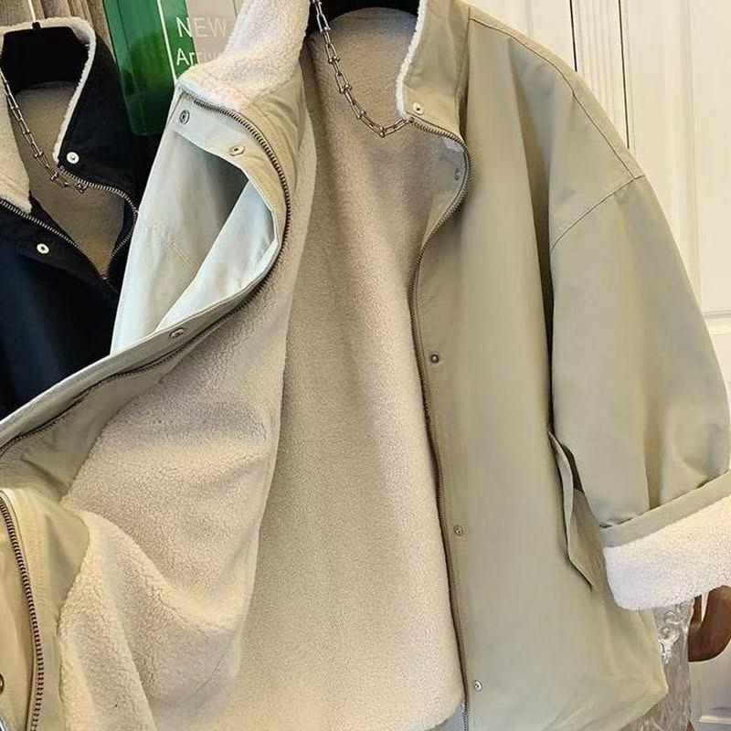 Womens Warm Fleece-Lined Stand Collar Cotton Coat Mid-Length Loose Fit Winter Outerwear