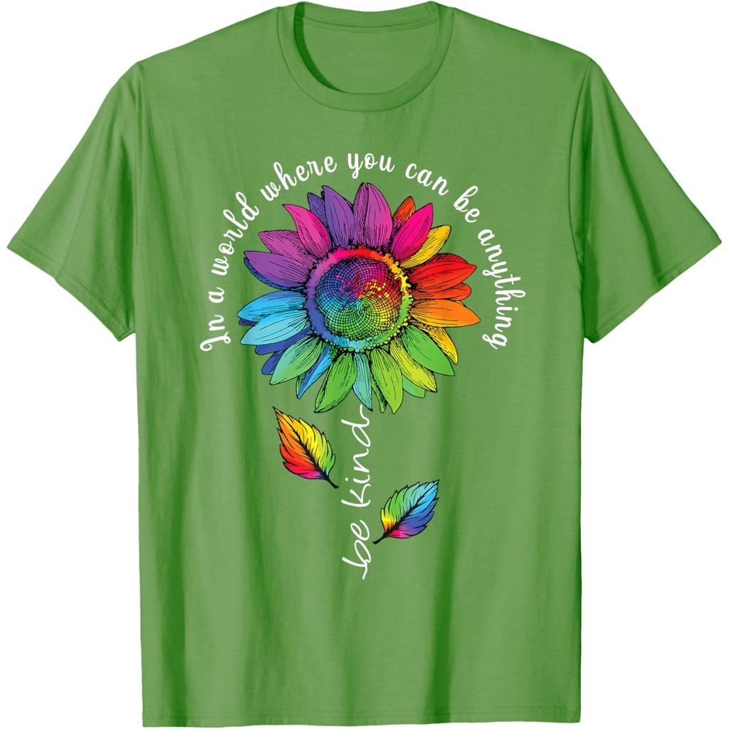 Rainbow Sunflower Be Kind Autism Awareness Graphic Tee Casual Cotton T-Shirt Unisex