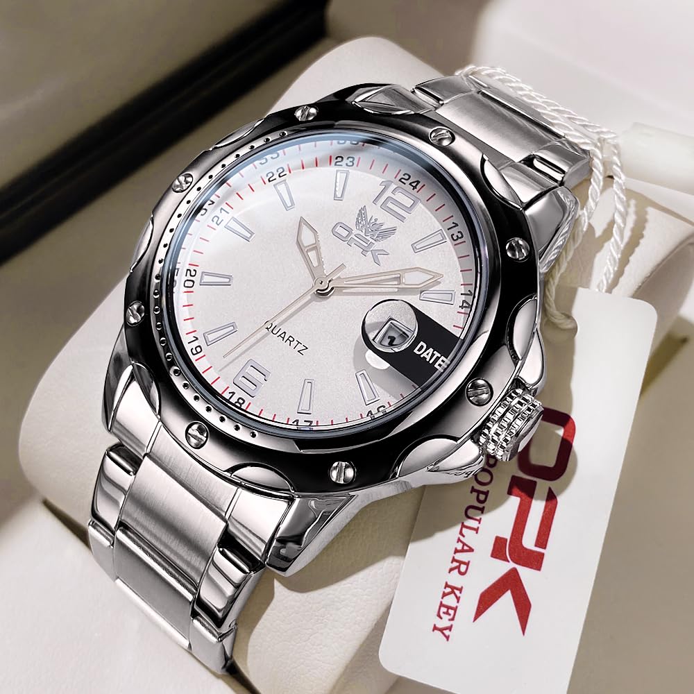 OPK Men's Quartz Wristwatch Date Waterproof Luminous Stylish Classic Stainless Steel Business School Company White