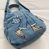 Women Cartoon Embroidery Denim Tote Bag Carry Handbag with Detachable Crossbody Strap Large Capacity Washed Jean Casual Daily Shopping Messenger