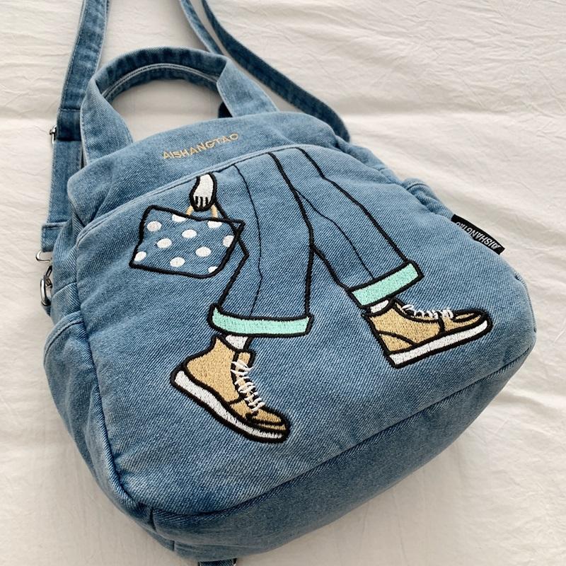 Women Cartoon Embroidery Denim Tote Bag Carry Handbag with Detachable Crossbody Strap Large Capacity Washed Jean Casual Daily Shopping Messenger