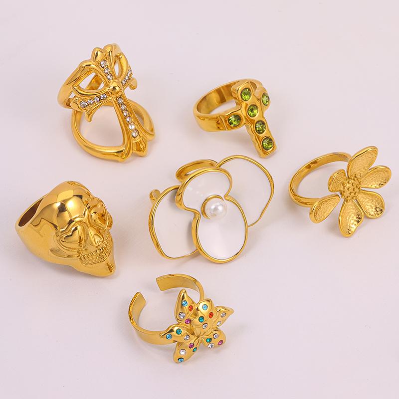 JUSNOVA Elegant 18K Gold Stainless Steel Gemstone Rings Size 7 White Zircon Cross Shape Flower Rings Set