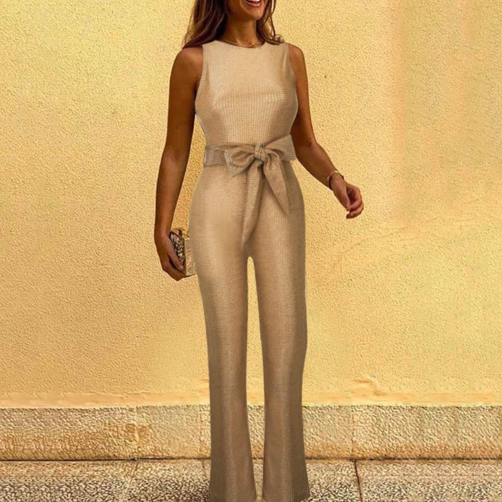 Fashion Women Summer Solid Casual Sleeveless Strapless Broad-Legged Jumpsuit