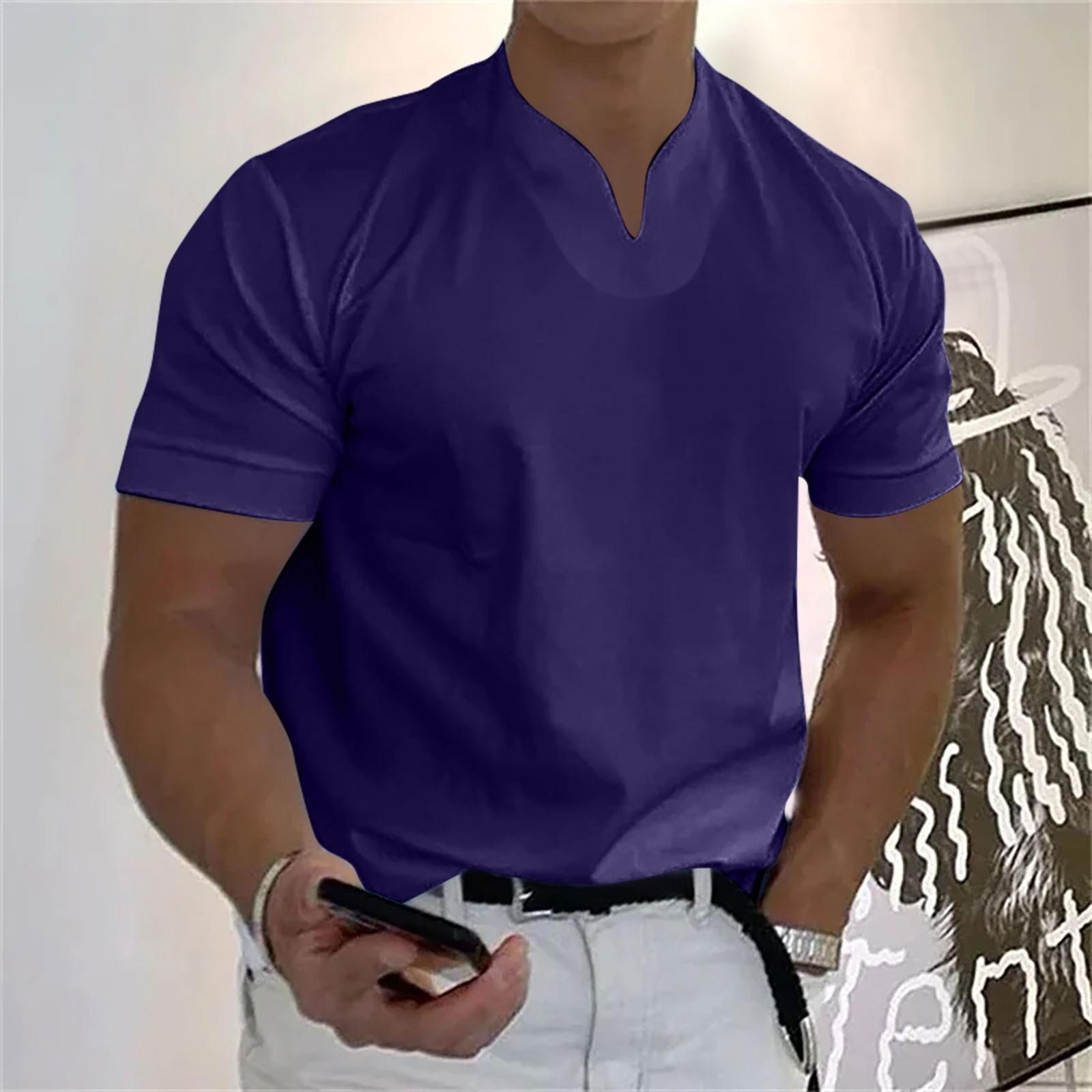 

Мужская повседневная однотонная мужская деловая футболка с v-образным вырезом и коротким рукавом для фитнеса L темно-фиолетового