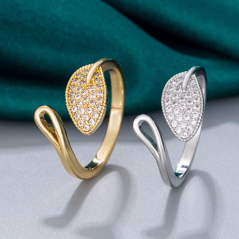 Adjustable 18K Gold Zircon Leaf Ring for Women